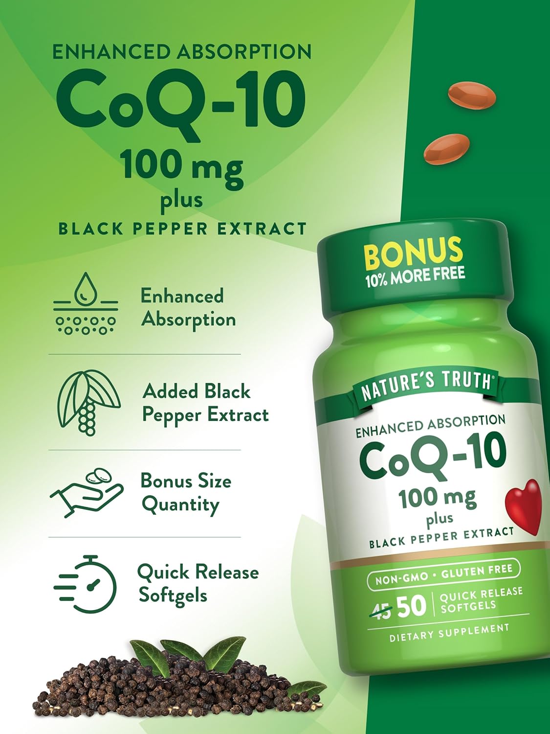 Nature's Truth, Enhanced Absorption CoQ10 100 mg Plus Black Extract - Image 5